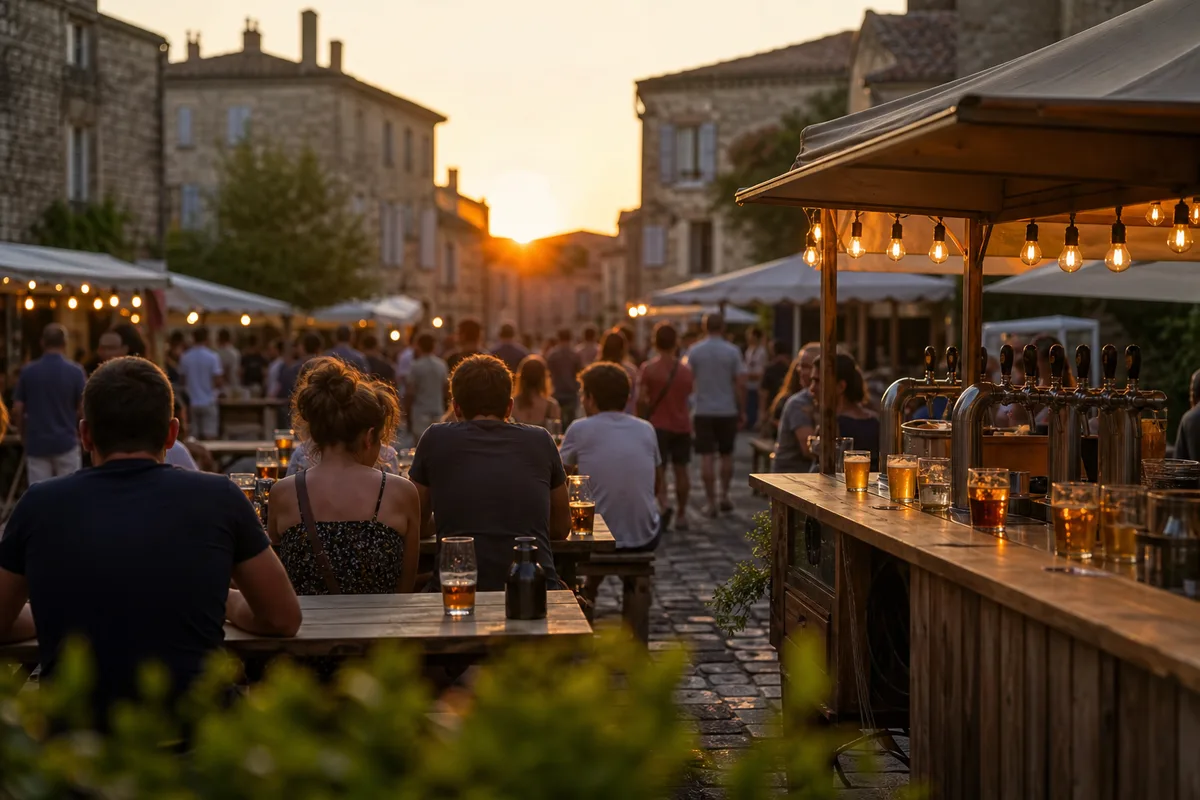 Place de village pavée occupée par des stands brassicoles et des tables communes au coucher du soleil