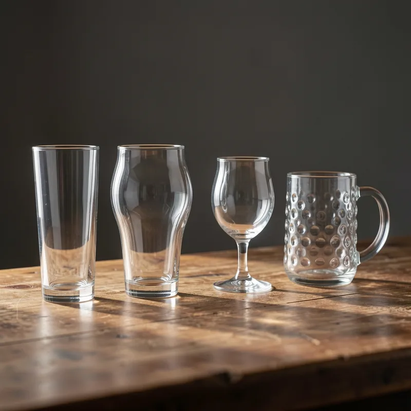 Alignement de verres à bière vides de formes différentes sur un comptoir en bois, lumière rasante