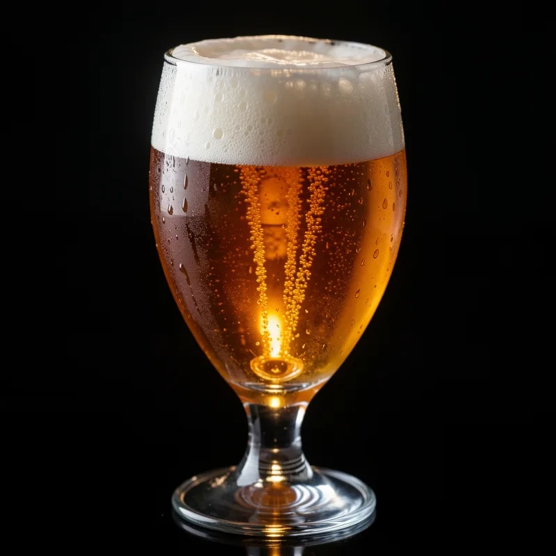 Bière ambrée servie dans un verre tulipe, col de mousse dense, arrière-plan sombre