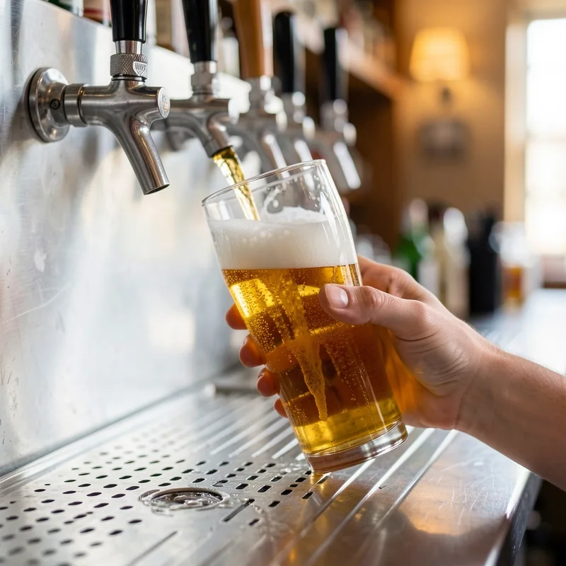 Main inclinant un verre sous un bec de tirage, filet de bière le long de la paroi