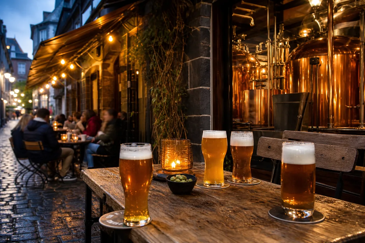 Terrasse de bar animée en soirée dans une rue pavée de centre-ville