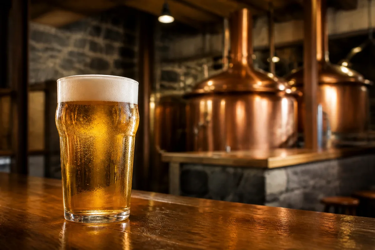 Verre de bière blonde fraîchement tiré avec un col de mousse net sur un comptoir
