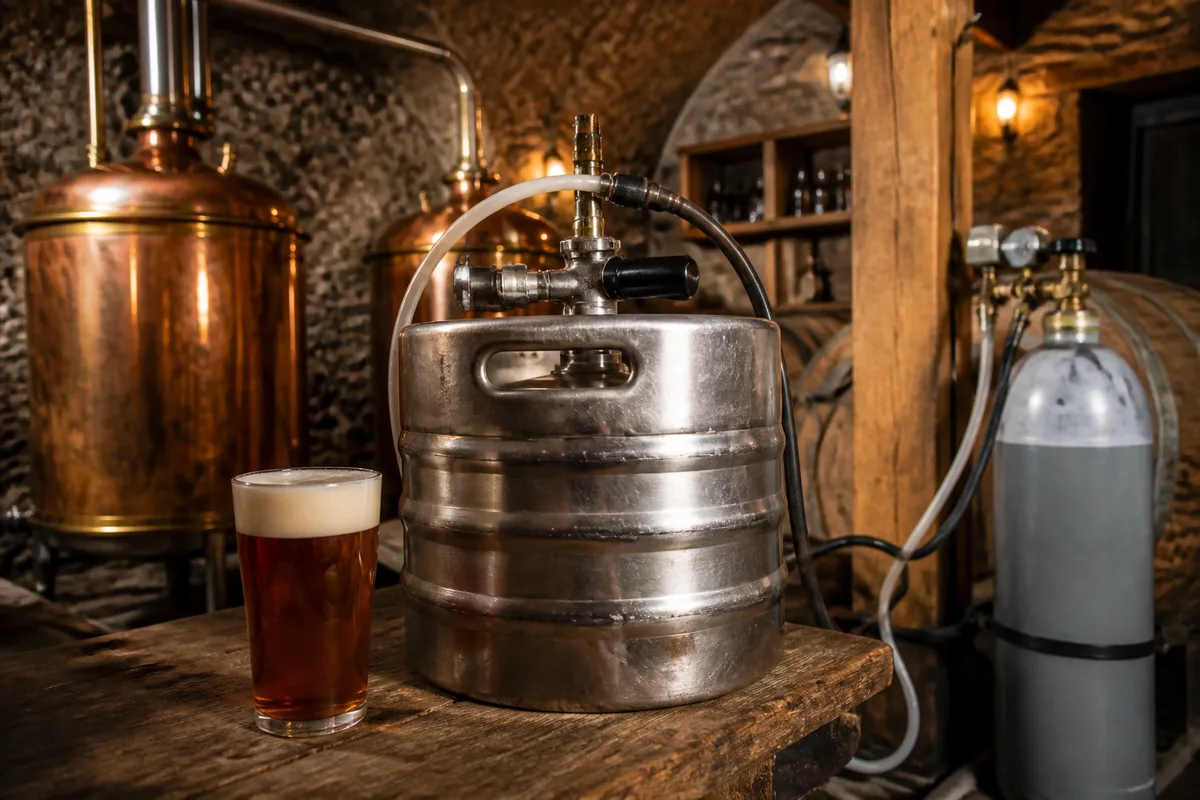 Fût en inox raccordé à une tireuse dans une cave de bar, tuyaux et bouteille de gaz visibles