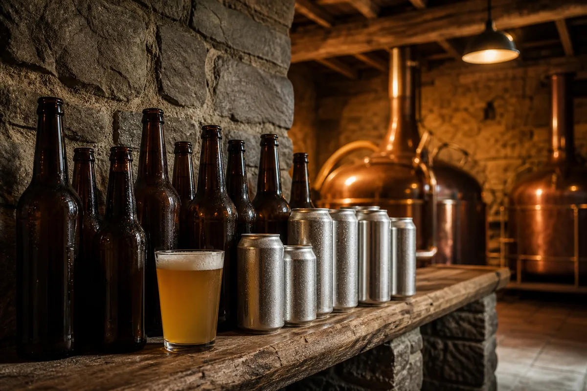 Bouteilles brunes et canettes de bière artisanale alignées sur une étagère de cave