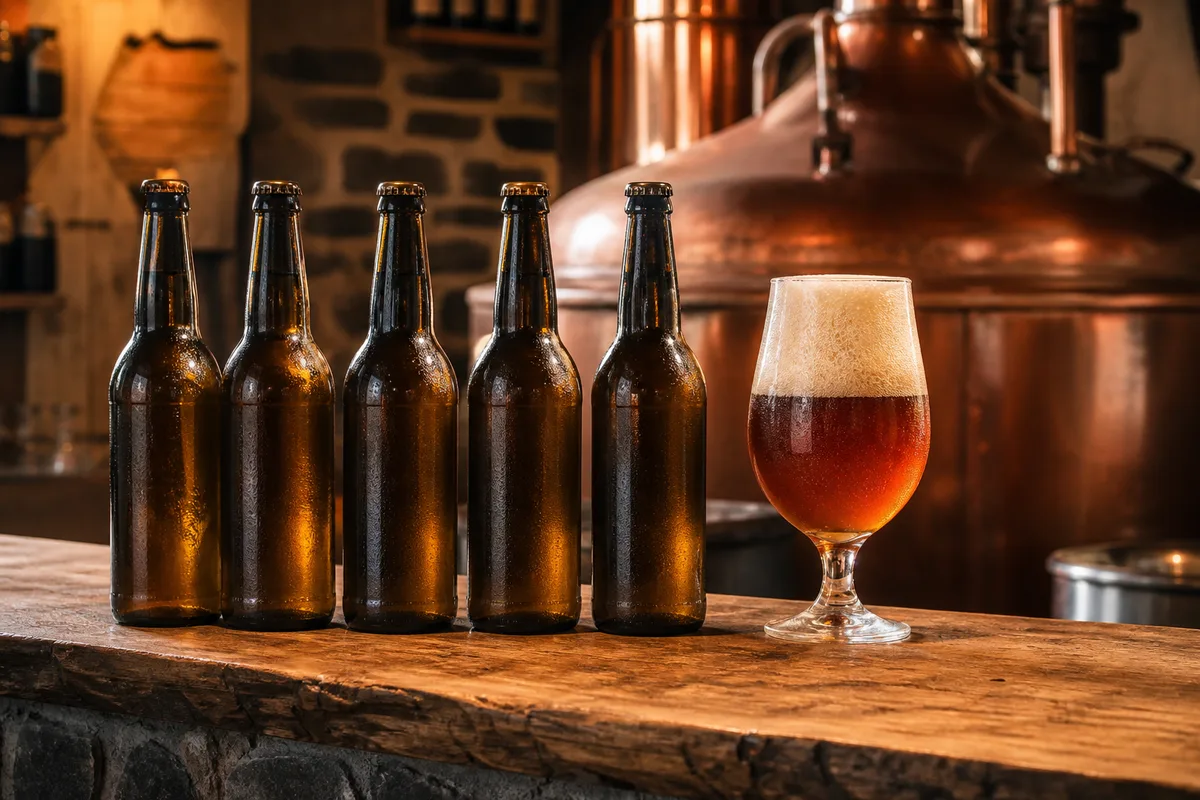 Bouteilles de bière artisanale alignées sur un comptoir en bois avec verre de dégustation