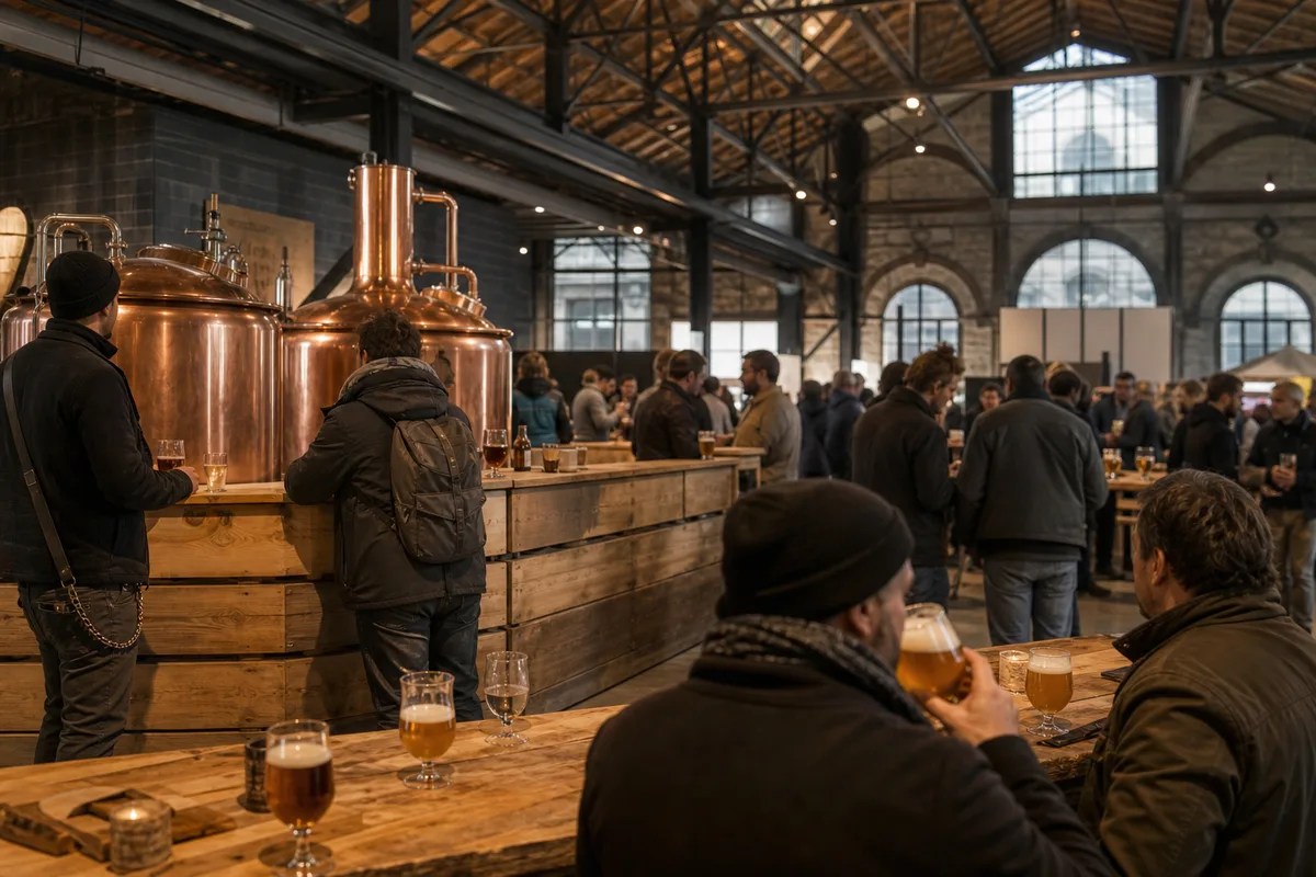 Halle couverte accueillant des stands de brasseurs artisanaux et des visiteurs en dégustation