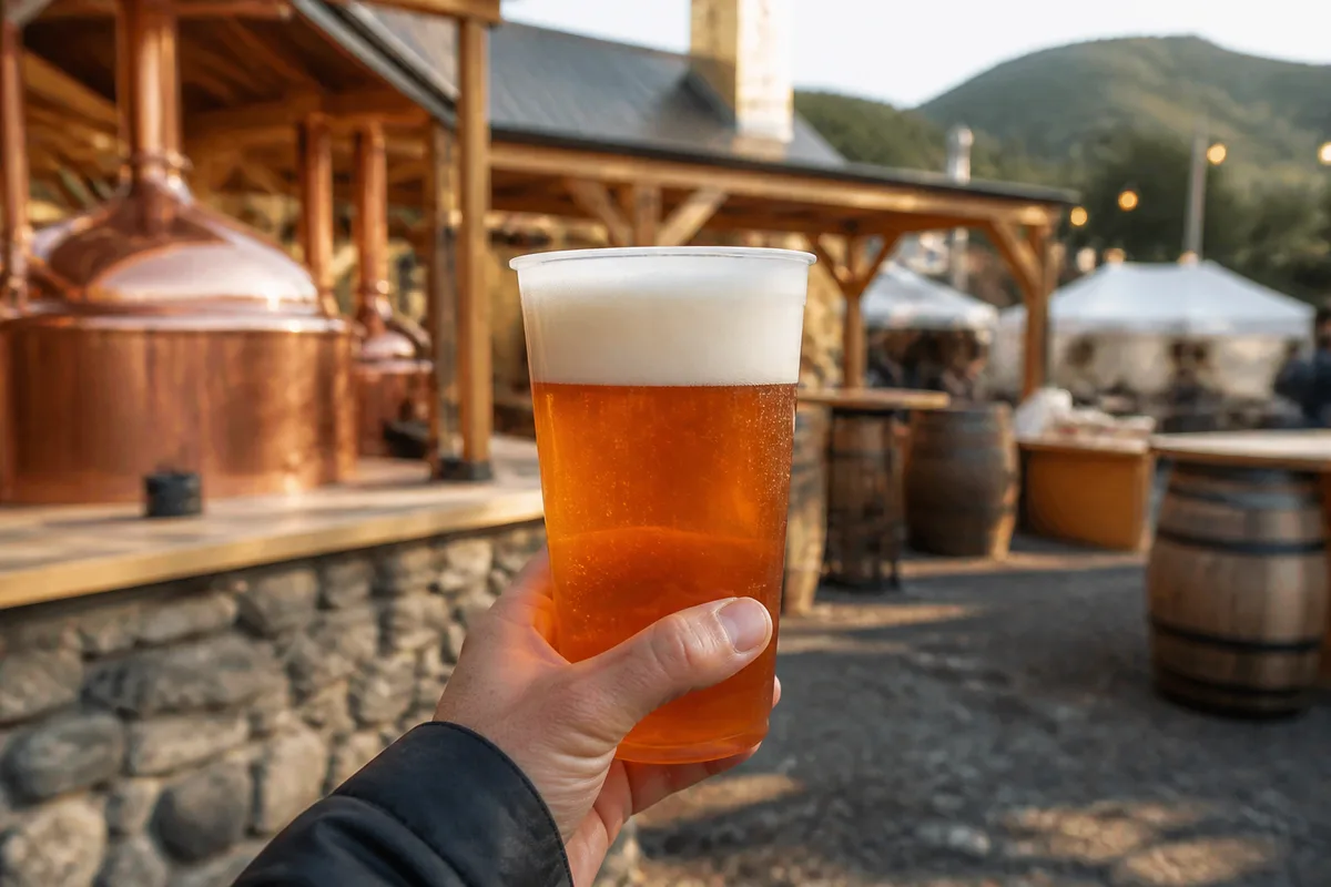 Gobelet réutilisable rempli de bière tenu devant des stands de dégustation en extérieur
