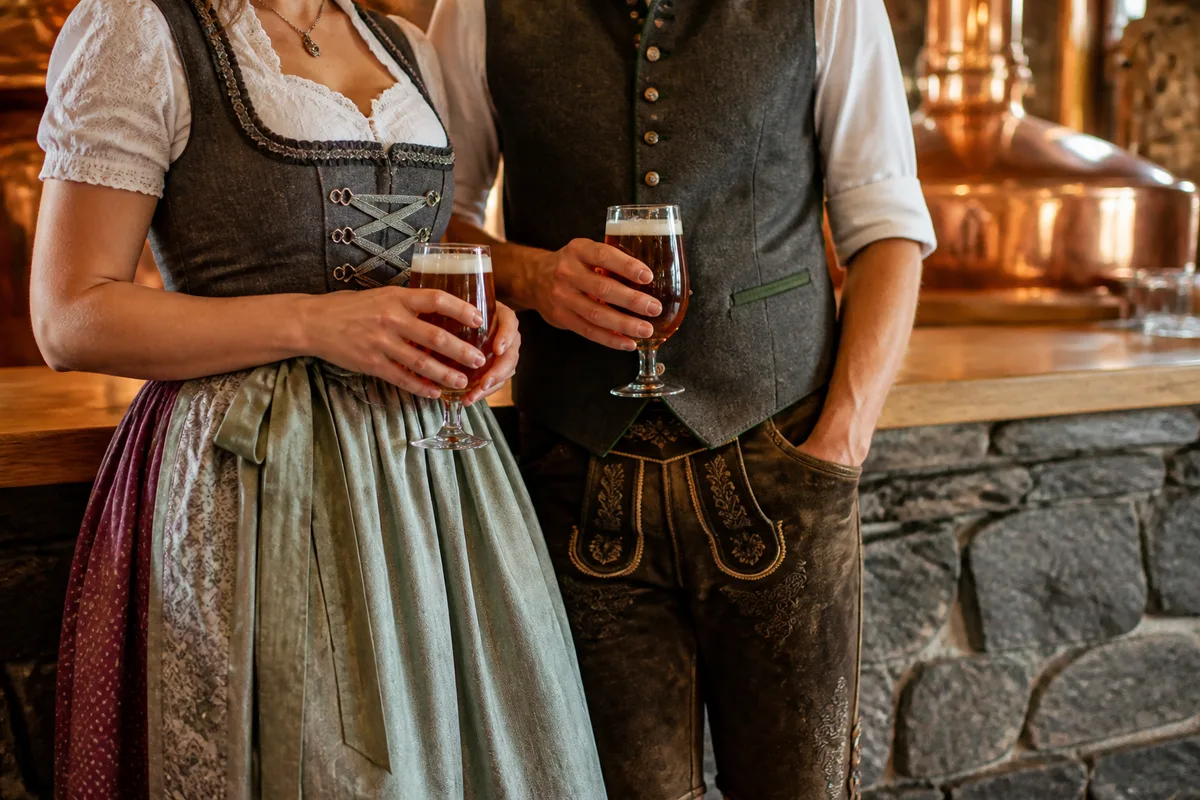 Détail d’une robe traditionnelle à tablier et d’une culotte de cuir portées lors d’une fête bavaroise