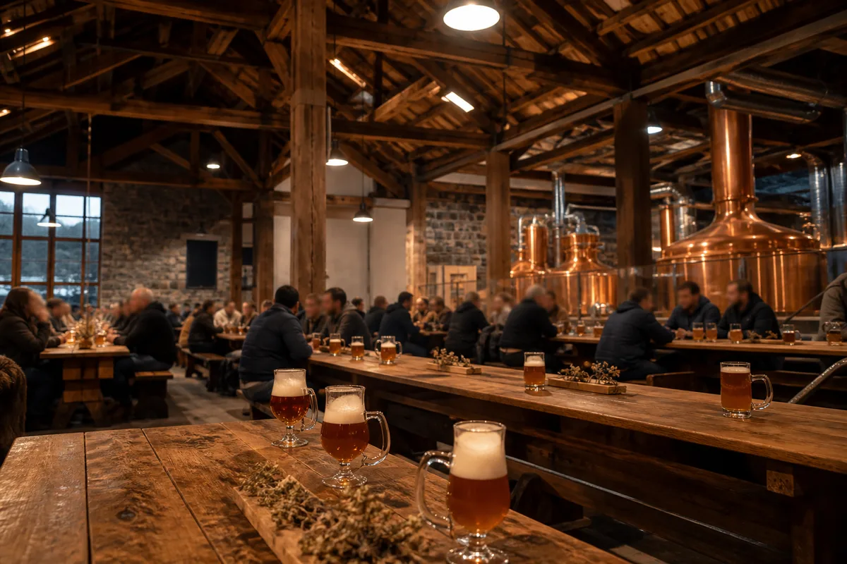 Longues tables de bois alignées sous une halle en bois lors d&rsquo;un rassemblement brassicole traditionnel