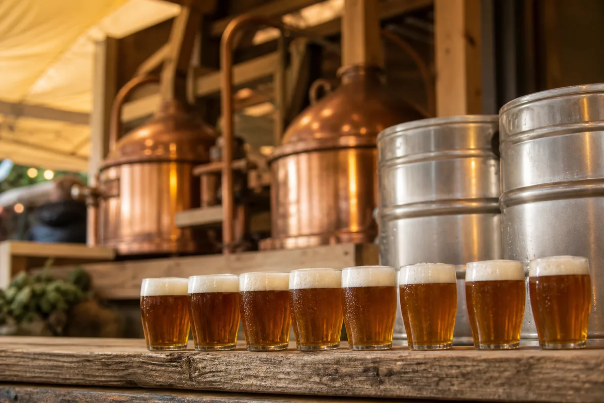 Stand de dégustation avec petits verres alignés et fûts en inox lors d&rsquo;un marché de brasseurs