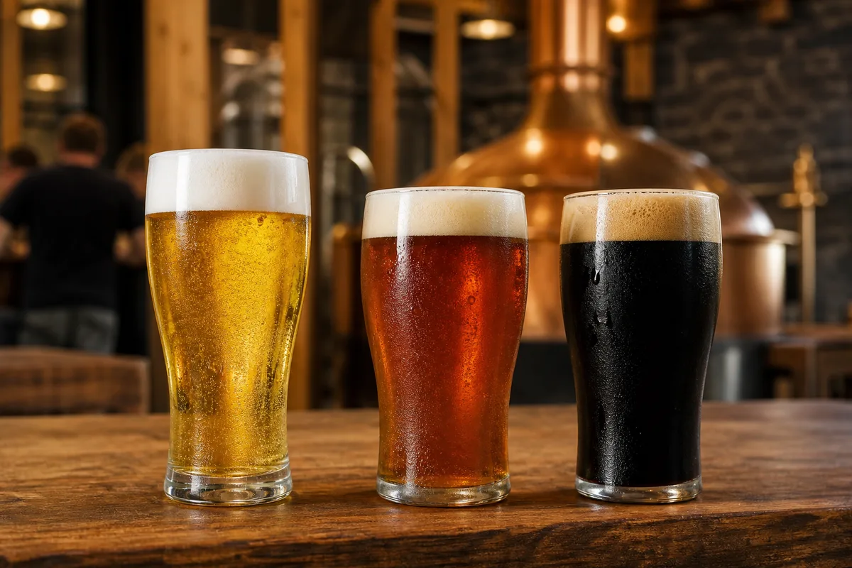 Trois verres de bière côte à côte, du blond pâle au noir opaque, sur un comptoir en bois