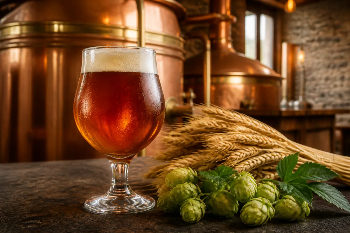 Verre tulipe de bière ambrée posé près d&rsquo;épis d&rsquo;orge et de cônes de houblon